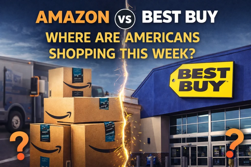 A_promotional_digital_composite_image_is_split_between_Amazon_boxes_and_Best_Buy_storefront