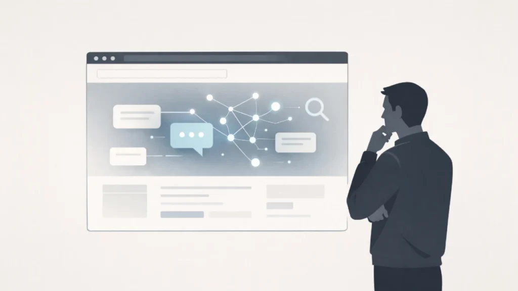 Minimalist editorial illustration of a web browser with subtle AI features while a person observes thoughtfully, reflecting skepticism toward AI browsers.
