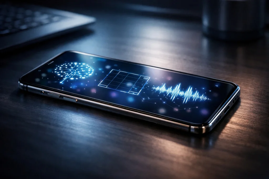 Realistic smartphone displaying AI features like neural processing, smart camera grid, and voice waveform on a desk in 2026