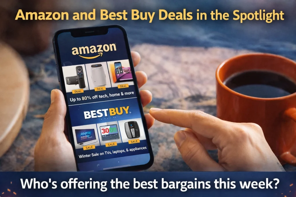 A person comparing Amazon and Best Buy deals side-by-side on a smartphone screen, showing tech and home discounts, with a coffee cup in the background.