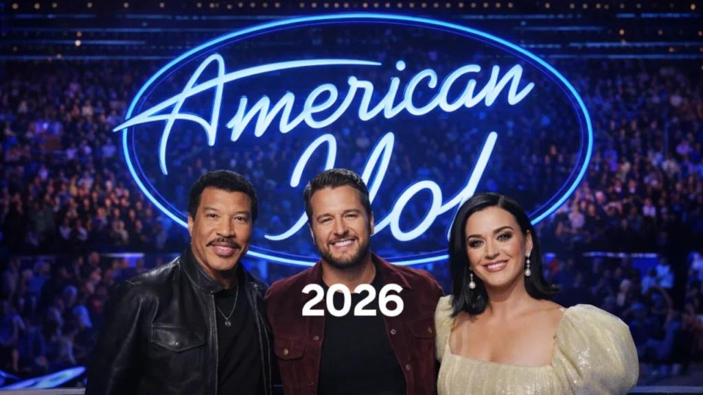 American Idol 2026 featured image showing judges Lionel Richie, Luke Bryan, and Katy Perry on stage in front of the American Idol logo