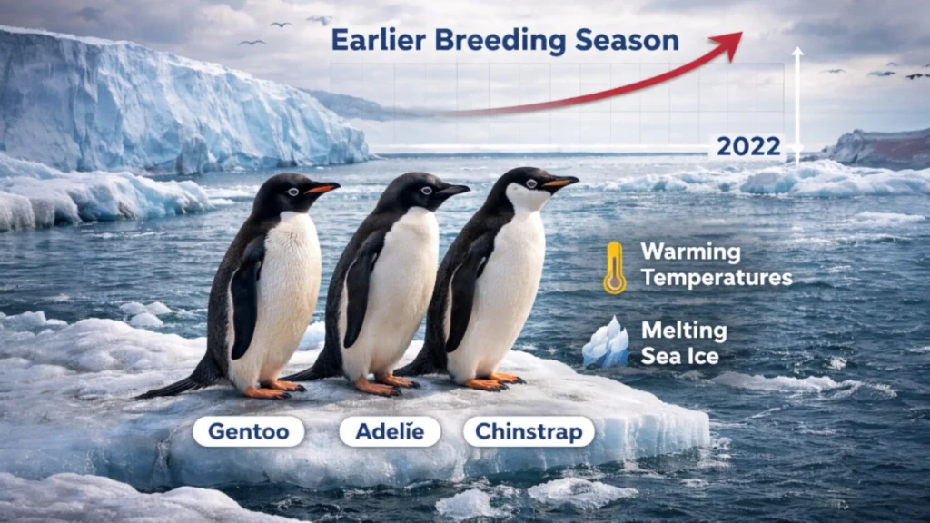 Gentoo, Adélie and chinstrap penguins on Antarctic sea ice illustrating how climate change is influencing breeding season timing