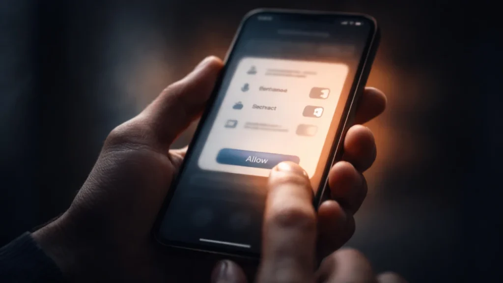 Smartphone showing app permission screen highlighting privacy and data access choices in 2026