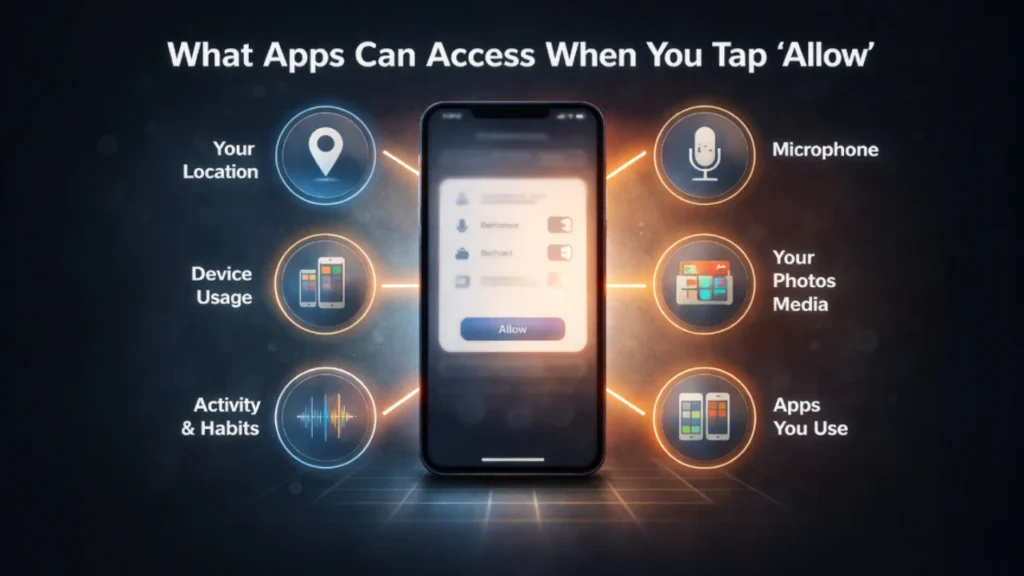 Infographic showing what data apps can access when users allow app permissions on a smartphone