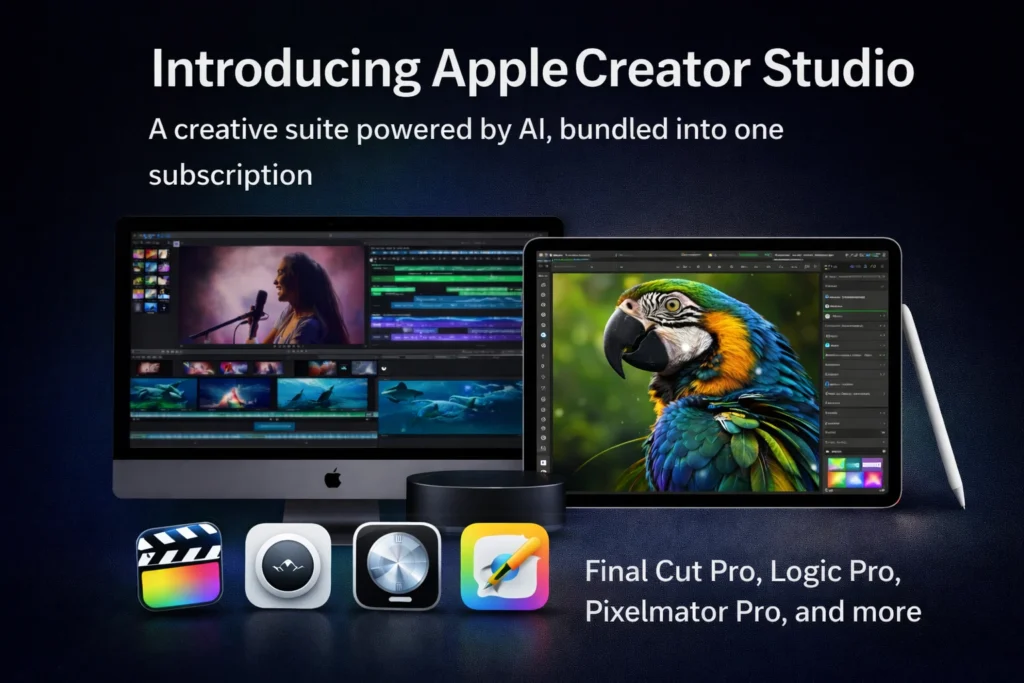 Apple Creator Studio displayed across Mac and iPad, showing video editing, music production, and design apps in use