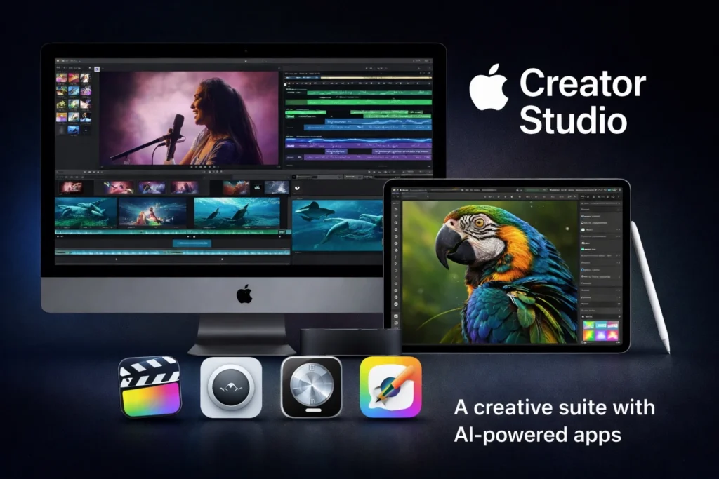 Apple Creator Studio shown across Mac and iPad with video editing, music production, and design apps in use