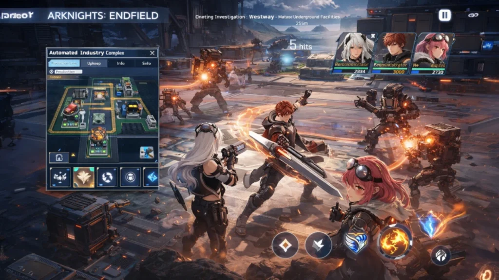 Gameplay scene from Arknights Endfield showing real-time squad combat against enemies in a futuristic sci-fi environment
