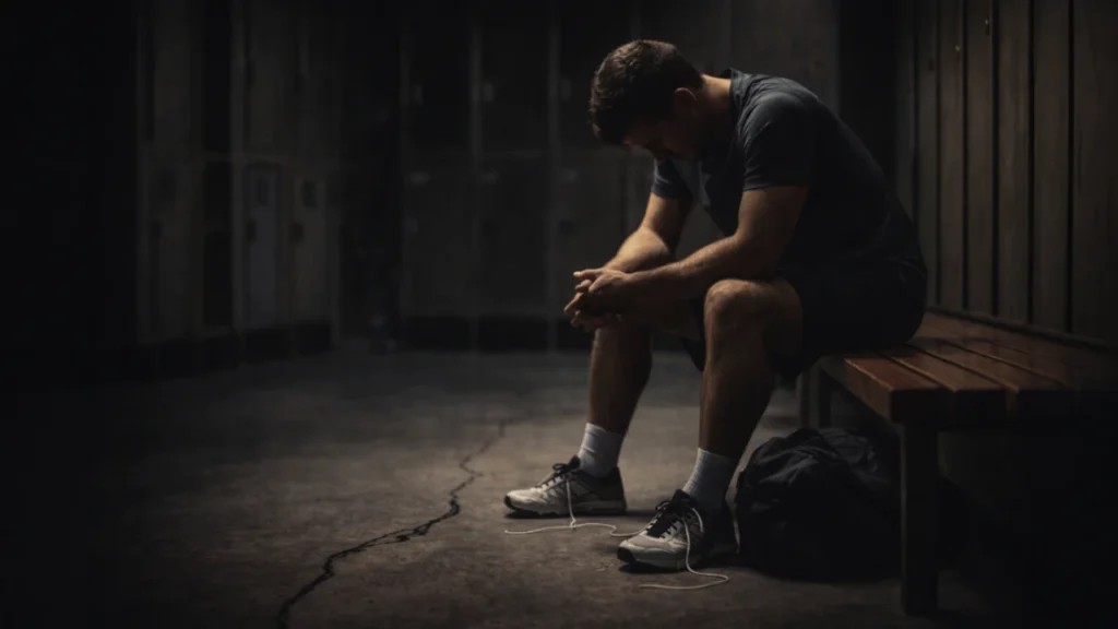 Athlete sitting alone in a locker room, reflecting on a difficult career decision