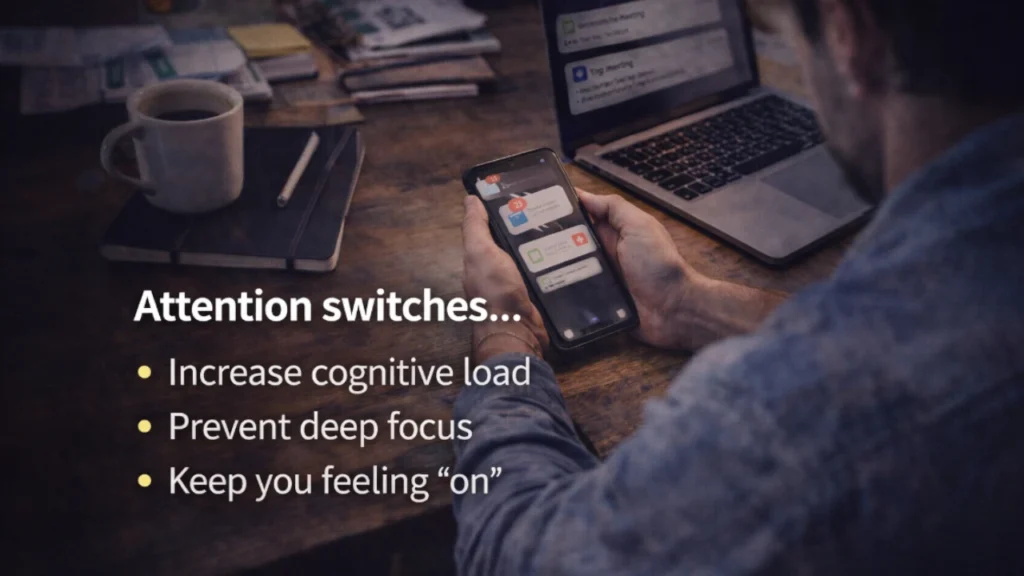 Person holding a smartphone with multiple notifications while working at a desk, illustrating how constant attention switching increases cognitive load and mental fatigue