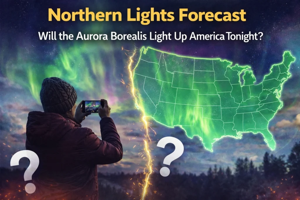 Aurora borealis lighting up the night sky during a northern lights forecast across the United States