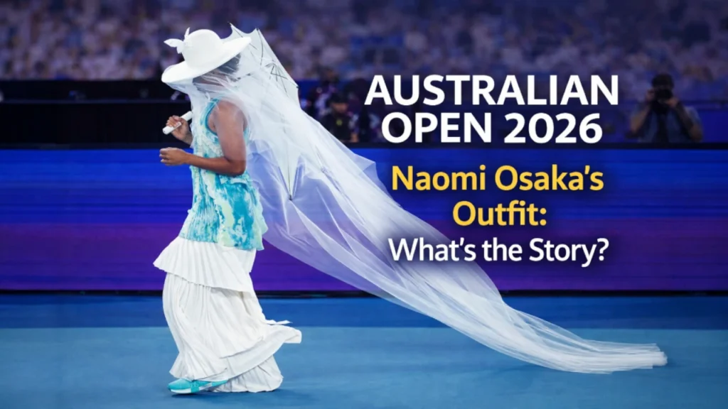 Naomi Osaka walking onto the court at Australian Open 2026 wearing a flowing jellyfish-inspired outfit that drew global attention