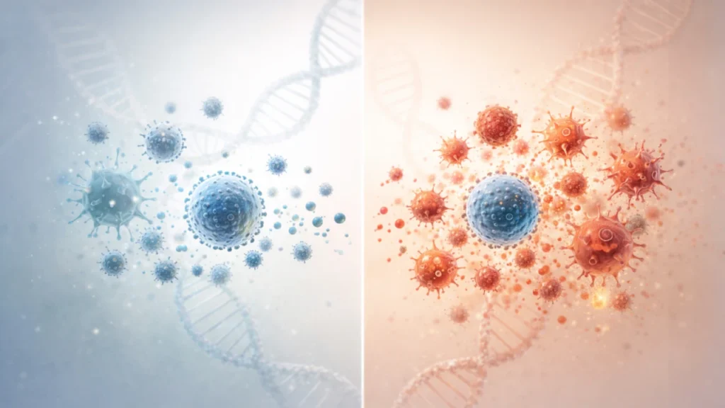 Illustration comparing a balanced immune response with an overactive immune reaction influenced by genetics