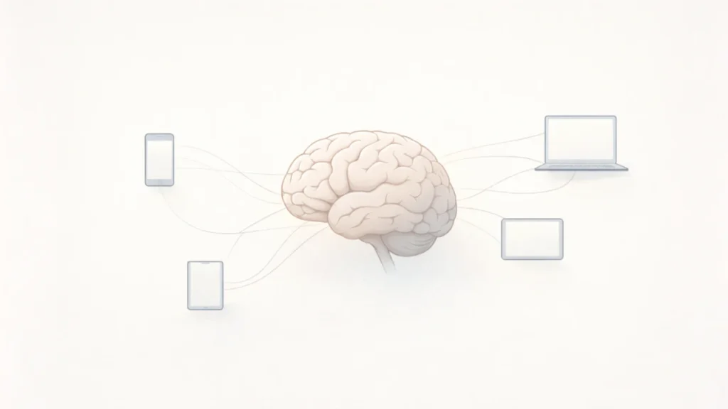 Illustration showing a human brain connected to multiple screens, representing constant low-level mental attention