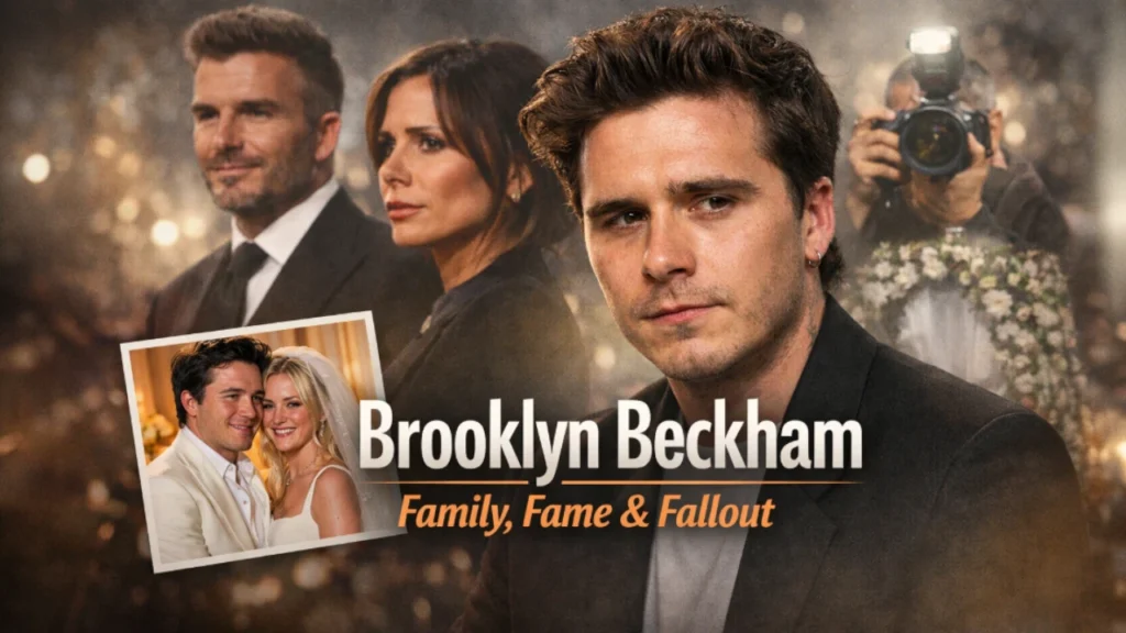 Featured image showing Brooklyn Beckham with his parents David and Victoria Beckham in the background, highlighting family dynamics and public attention