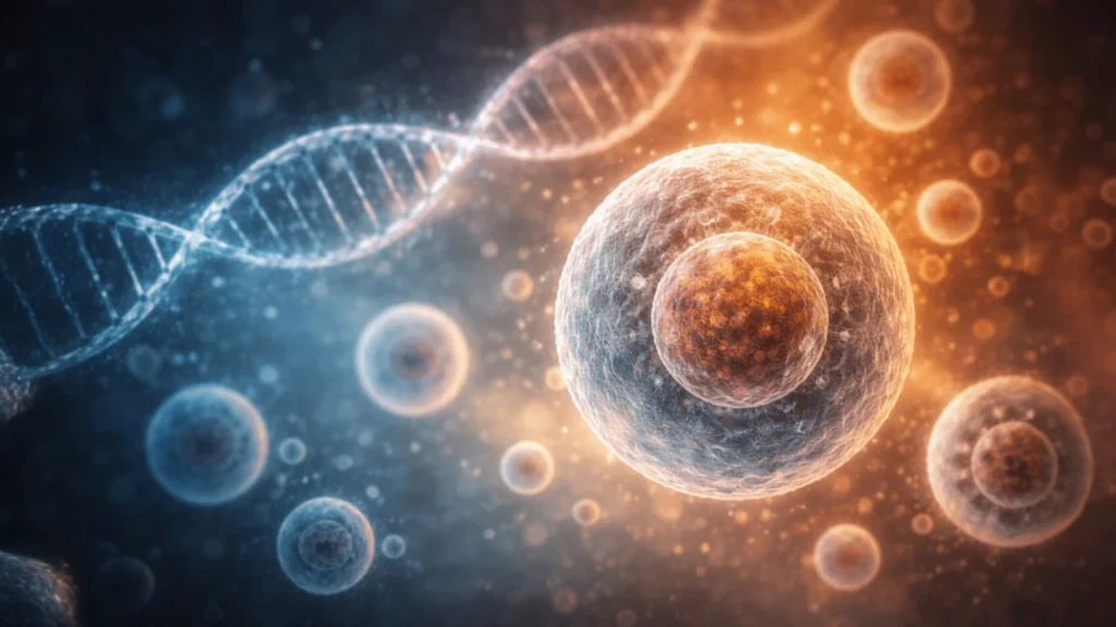 Illustration of human cells and DNA strands representing scientific research on slowing the aging process