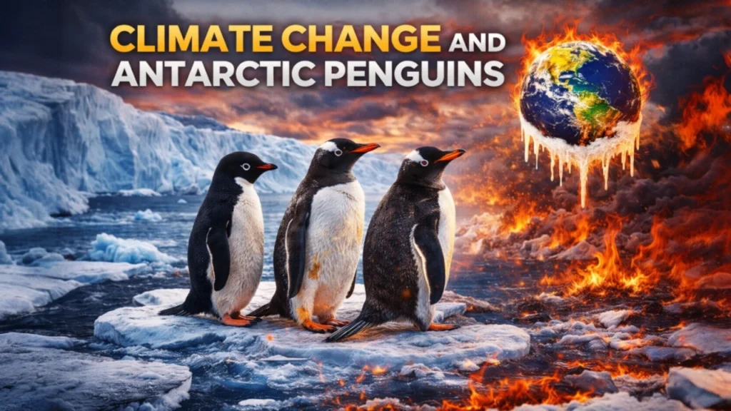 Illustration showing Antarctic penguins standing on melting ice as rising temperatures highlight the effects of climate change