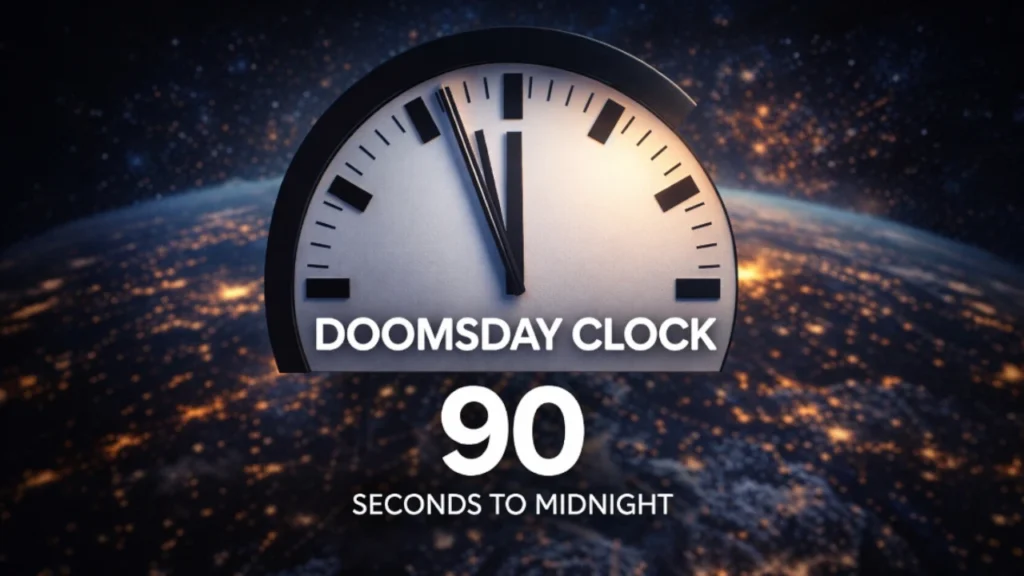 Illustration of the Doomsday Clock set at 90 seconds to midnight with Earth in the background, representing global risk levels in 2026