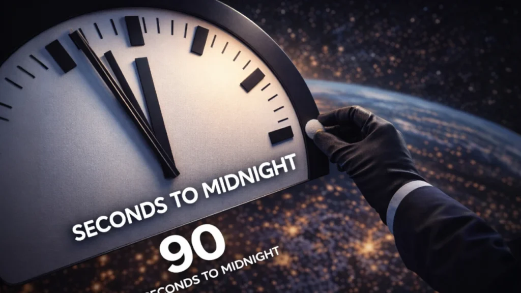 Close-up illustration of the Doomsday Clock set at 90 seconds to midnight with Earth in the background, symbolizing global risk levels in 2026