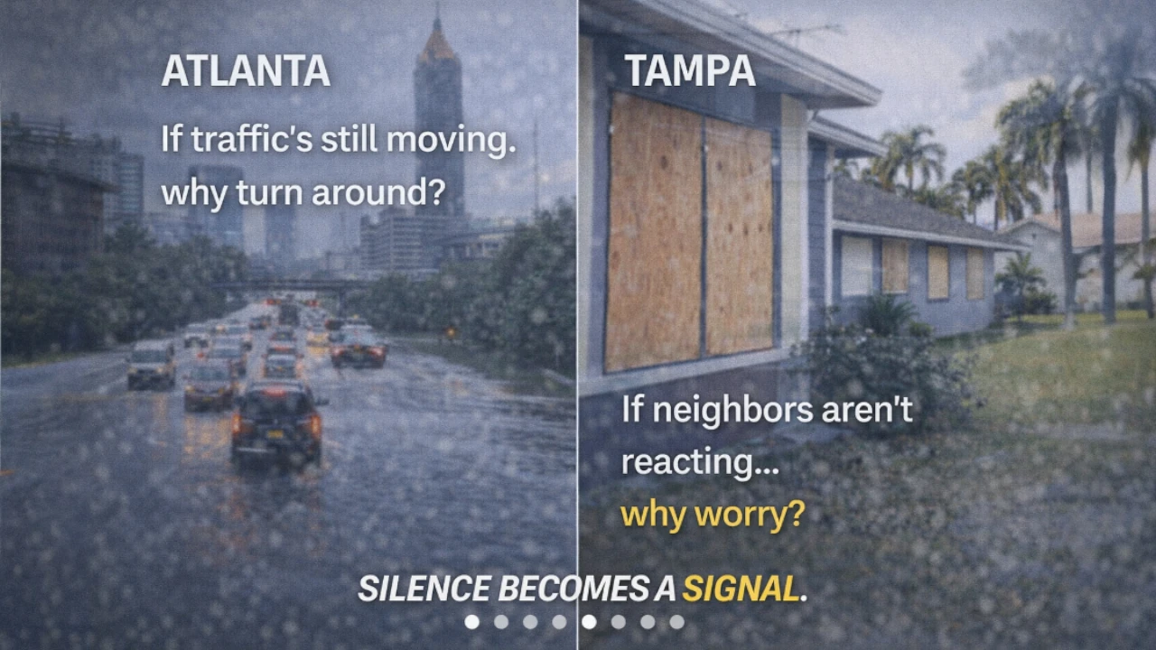 Busy traffic and calm neighborhoods showing how people rely on others’ reactions during warnings