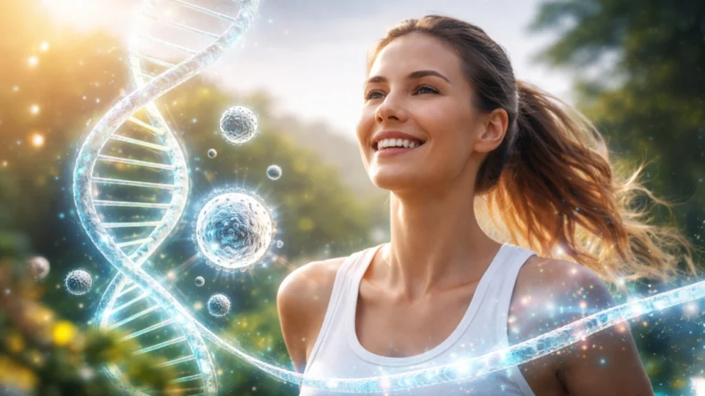 Illustration showing a healthy person surrounded by DNA strands and immune cells, representing genetic influence on immune response