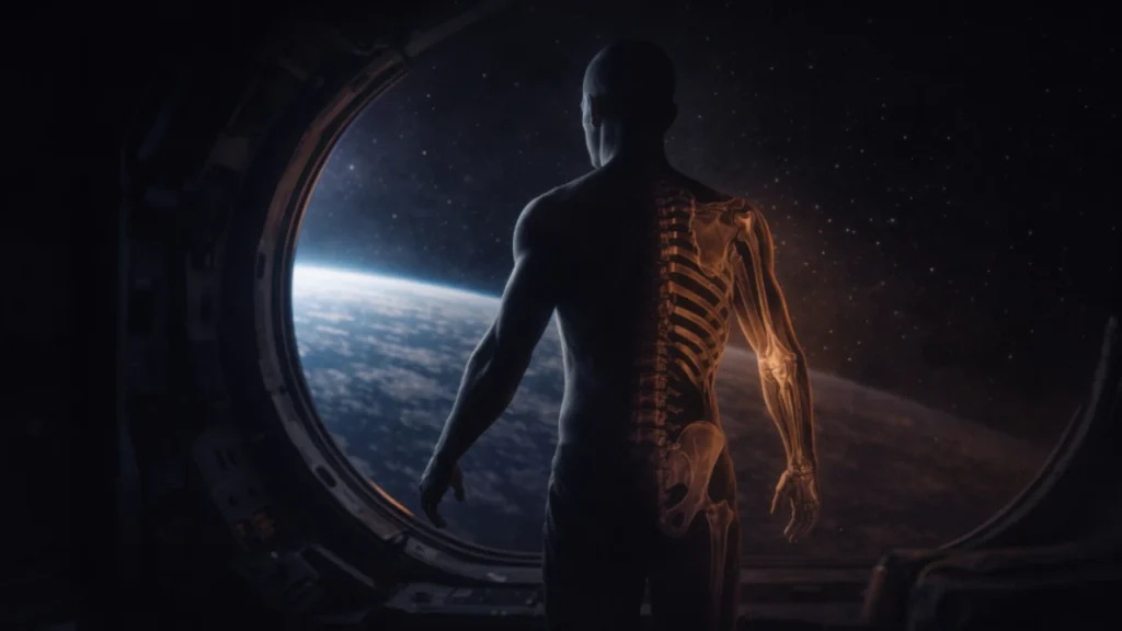 Illustration showing the long-term effects of space on the human body with Earth in the background