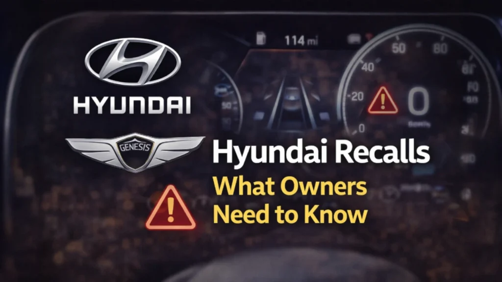 Featured image showing Hyundai and Genesis logos with a vehicle dashboard warning symbol, illustrating the recent recall involving instrument panel display issues