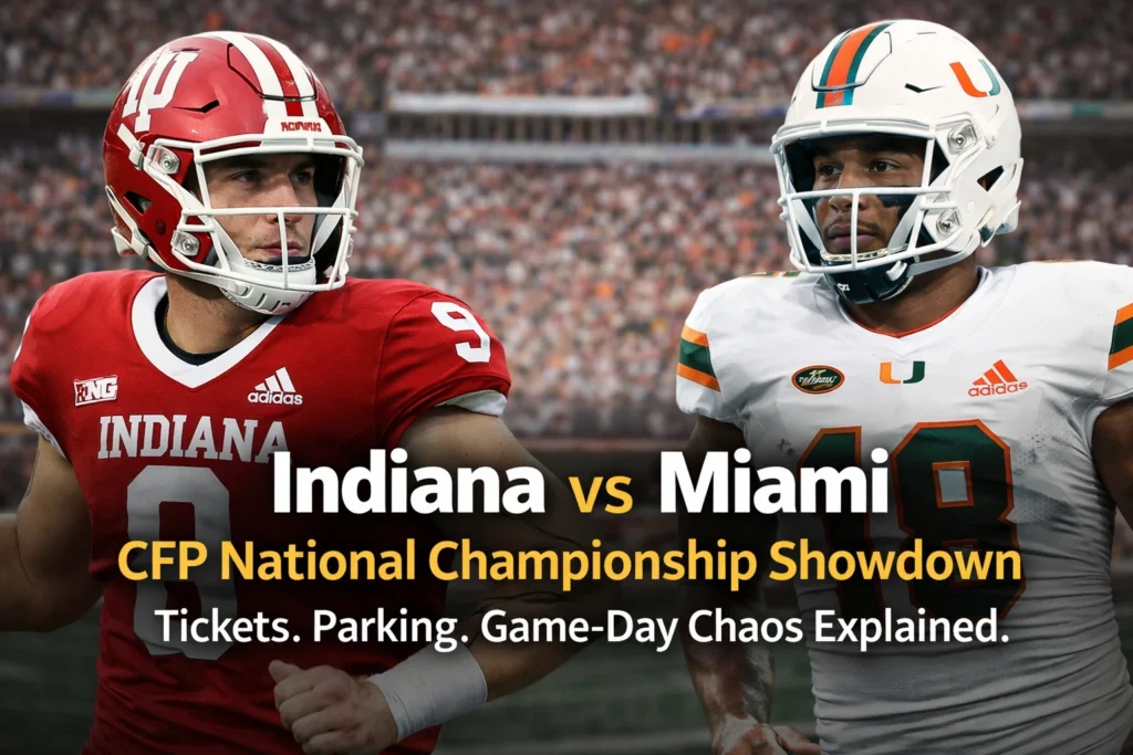 Indiana and Miami football players facing off ahead of the CFP National Championship game at Hard Rock Stadium