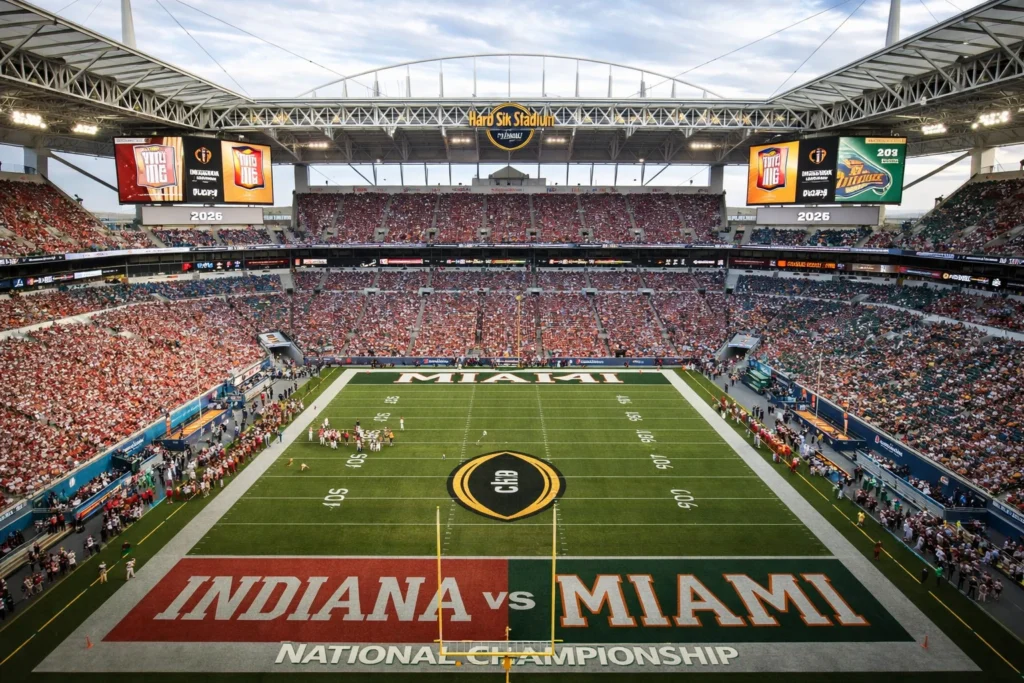 Hard Rock Stadium in Miami filled with Indiana and Miami fans during the CFP National Championship game
