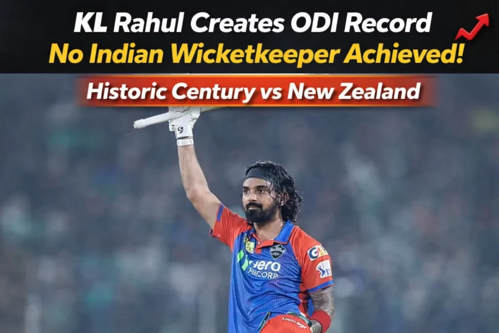 KL Rahul celebrating his historic ODI century against New Zealand, becoming the first Indian wicketkeeper to achieve this record
