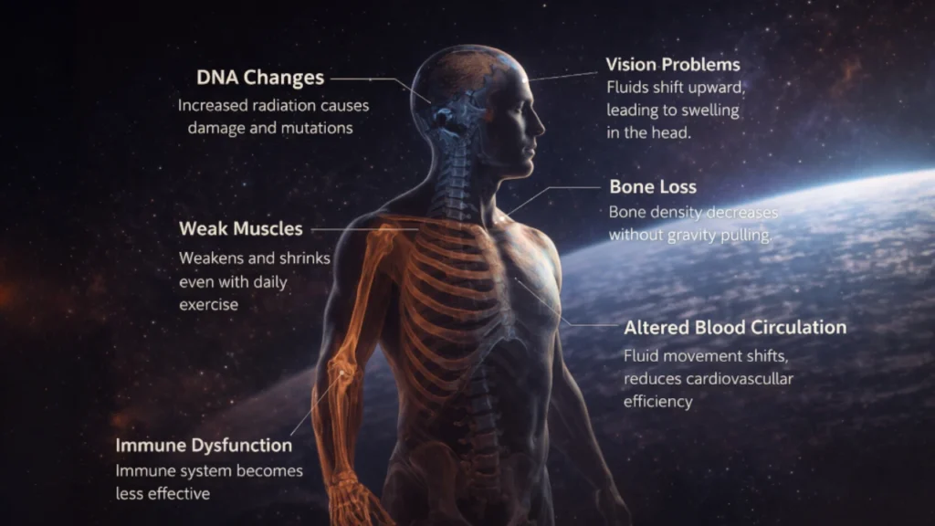 Illustration showing long-term effects of space on the human body including bone loss, muscle weakening, and altered circulation