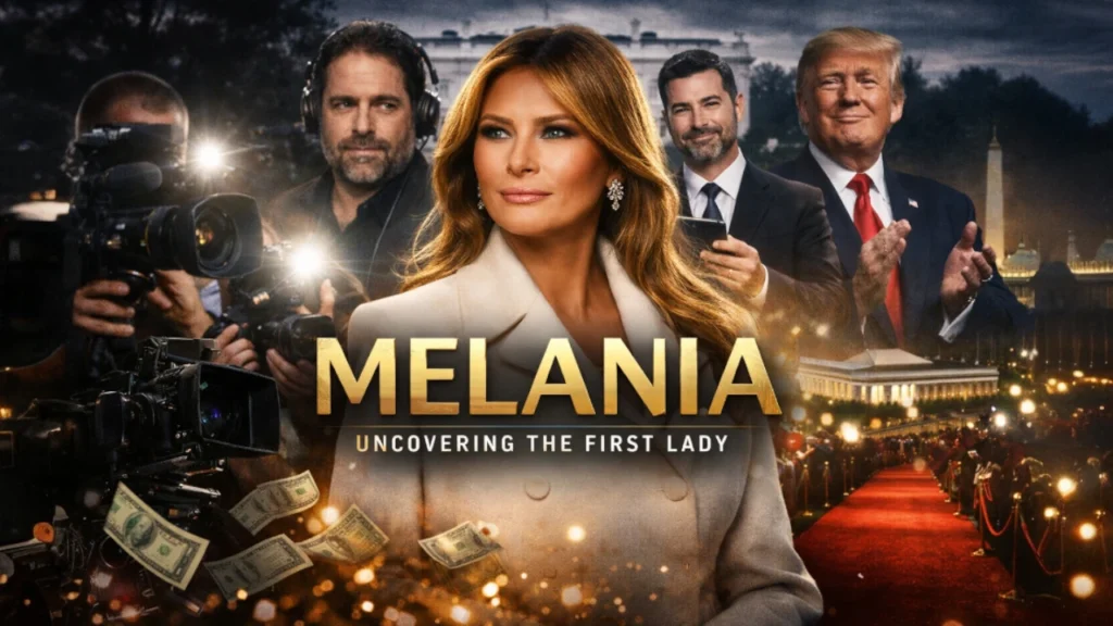 Melania Trump at the center of media attention in a cinematic featured image from the Melania documentary, with cameras, politics, and controversy in the background.