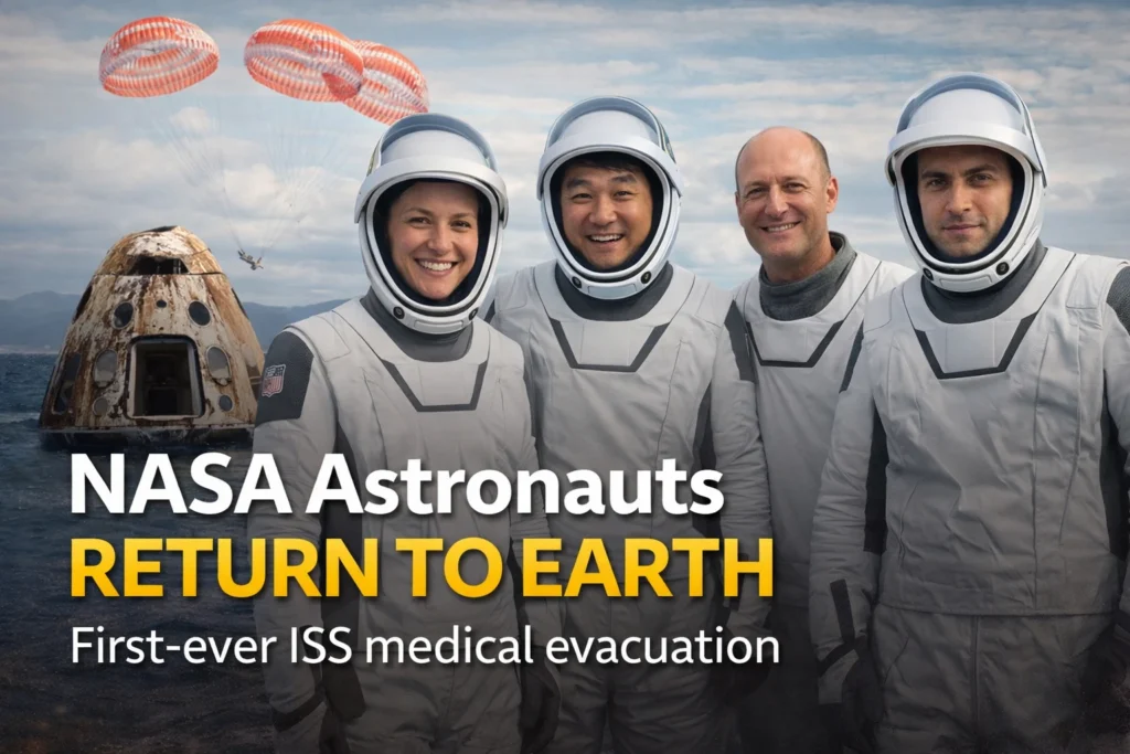 NASA astronauts standing near a SpaceX Crew Dragon capsule after safely returning to Earth following an early ISS departure, visual by TrendMowgli
