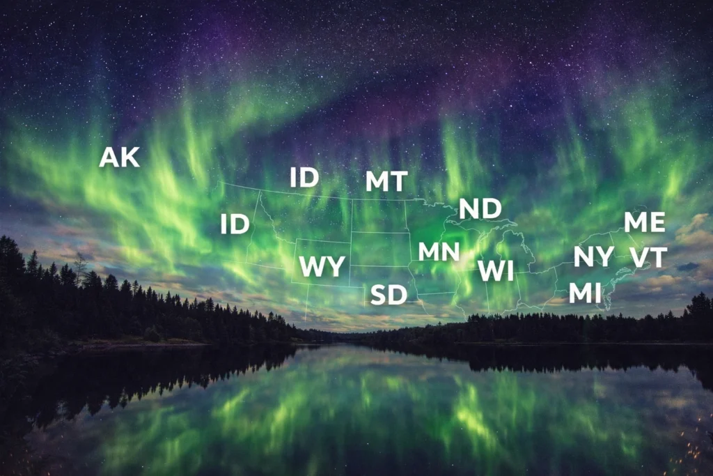 Aurora borealis forecast map showing U.S. states where the northern lights may be visible tonight
