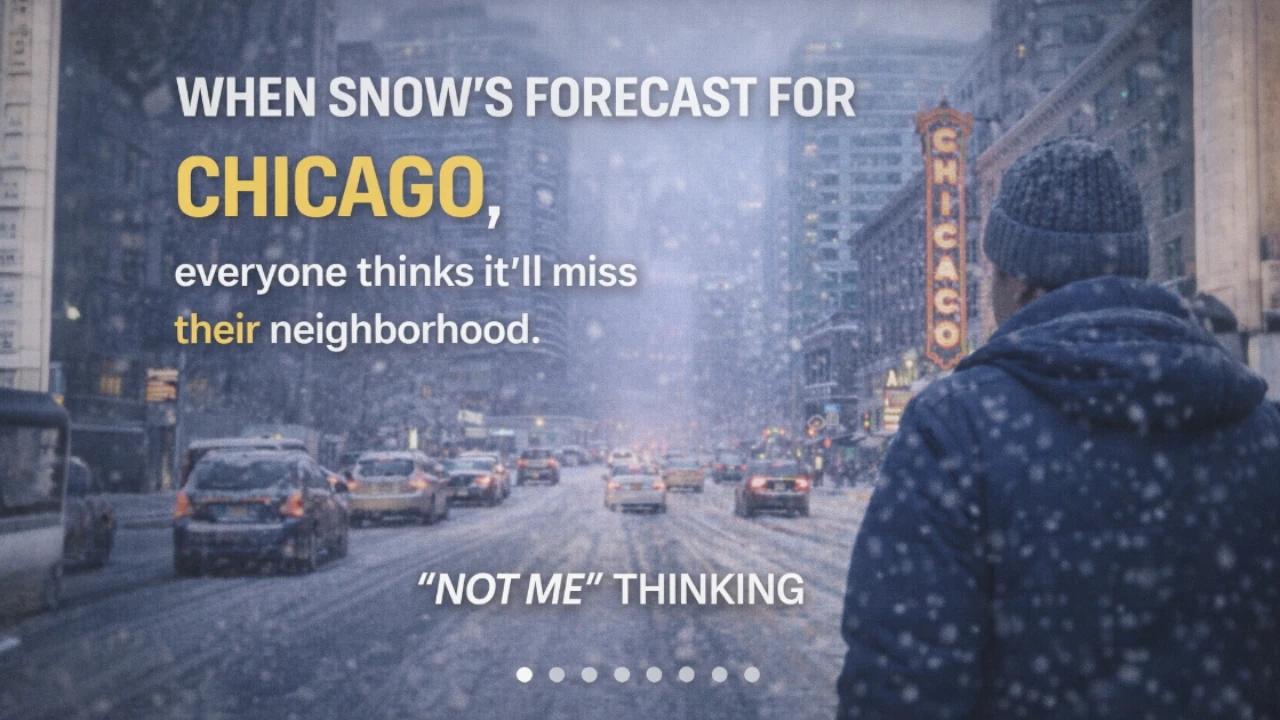 Snowy Chicago neighborhood illustrating how people assume storms will miss their area