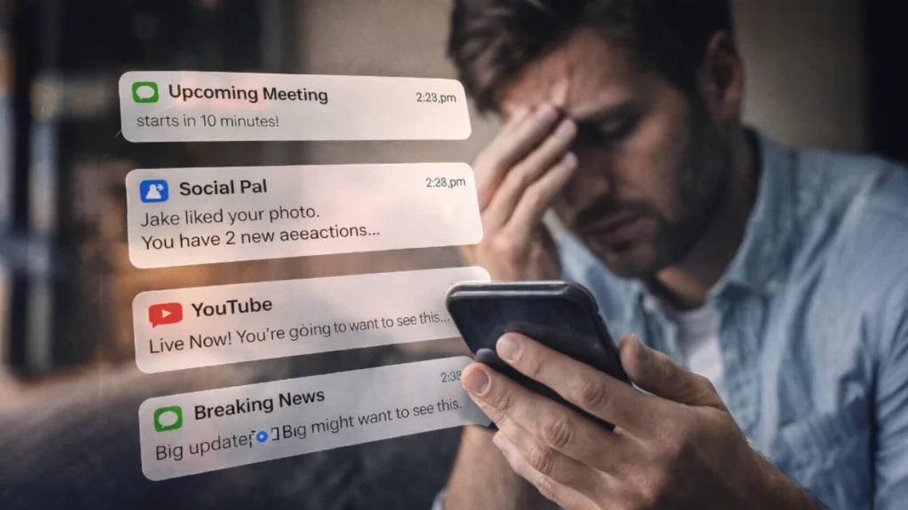 Person holding a smartphone with multiple notifications appearing on screen, illustrating how constant alerts can create stress and mental overload
