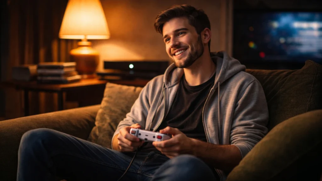 Gamer smiling while holding a retro game controller, with a modern console unused in the background
