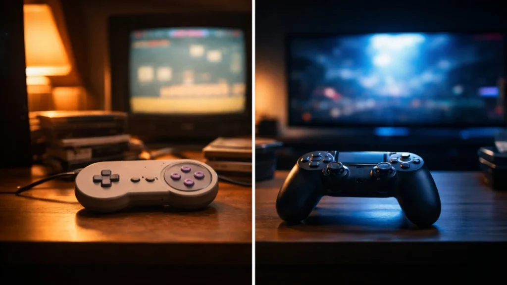 Split-screen image showing a retro game controller and a modern game controller under contrasting nostalgic and modern lighting