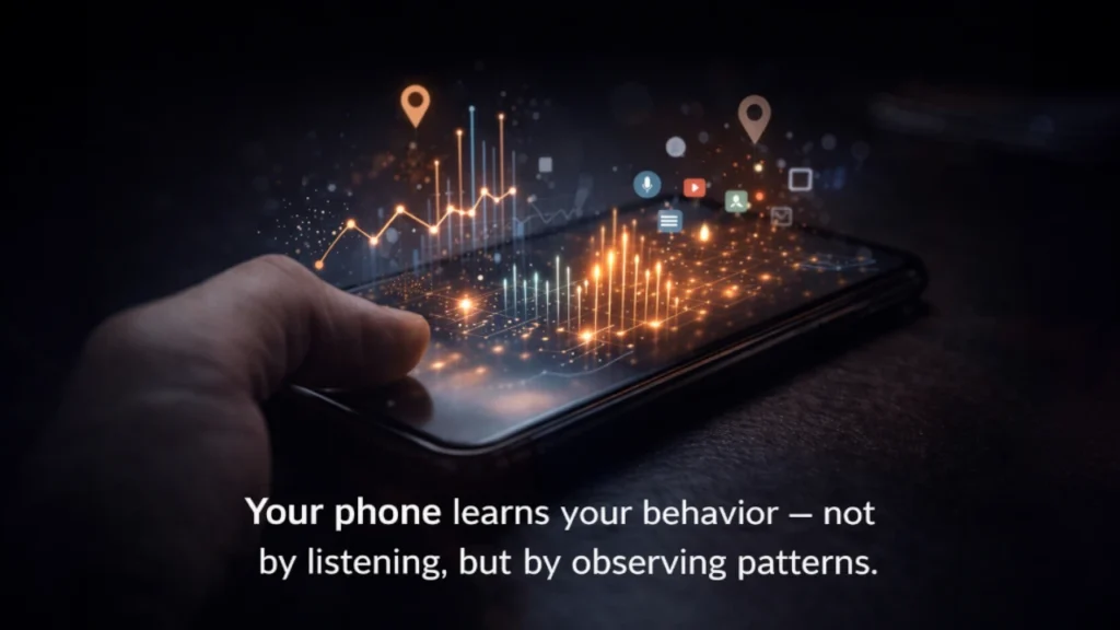 Smartphone displaying glowing data patterns and graphs illustrating how phones learn user behavior through usage patterns