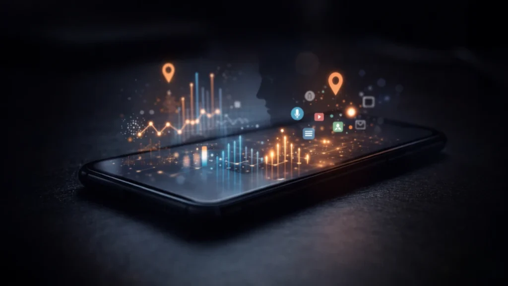 Smartphone displaying abstract data patterns representing how phones learn user behavior