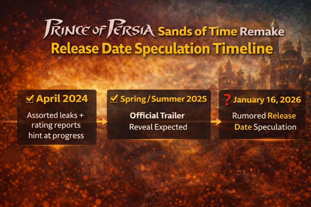 Release date speculation timeline for Prince of Persia Sands of Time remake, created by TrendMowgli