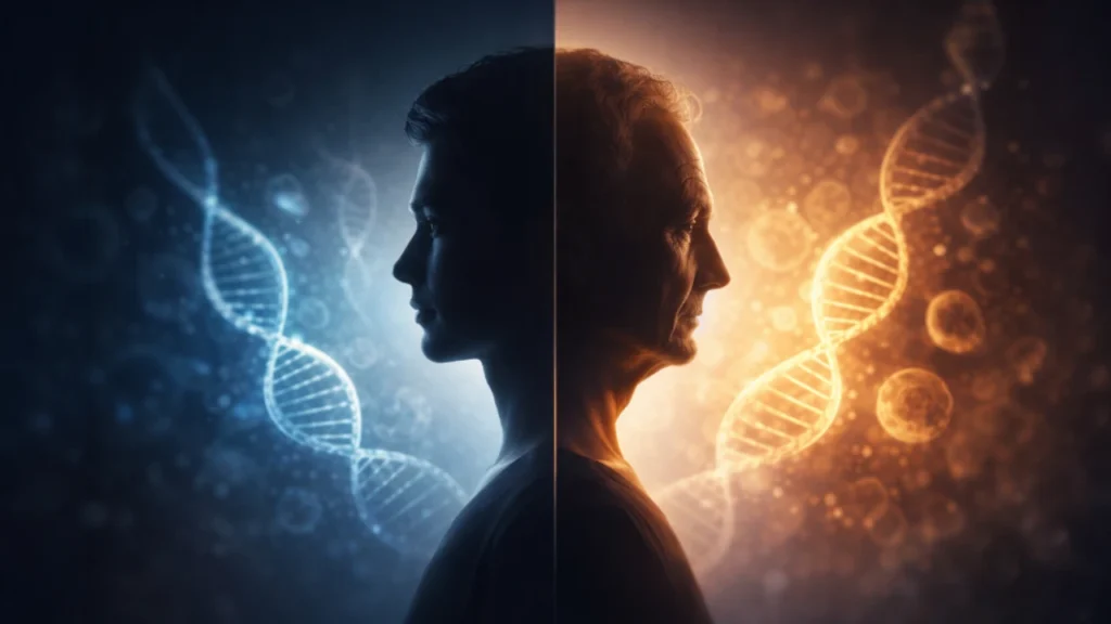 Illustration showing human aging slowed by scientific research using DNA and cellular imagery