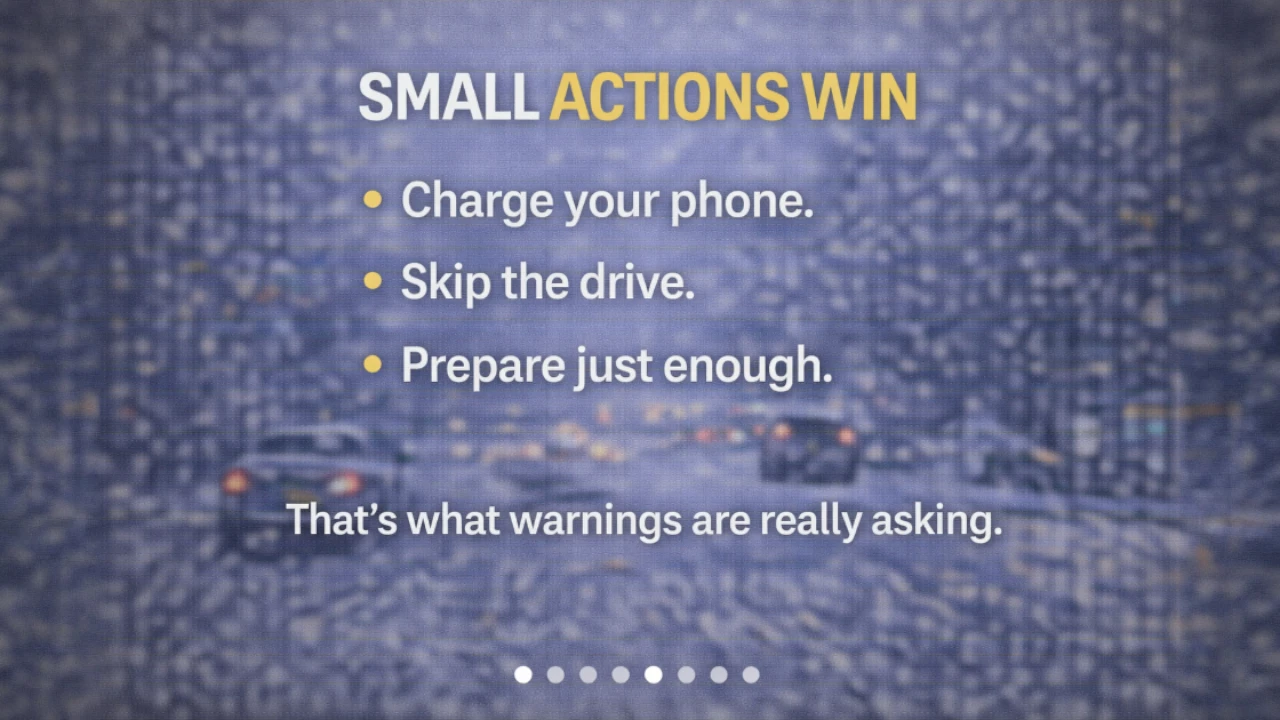 Snowy roadway with guidance emphasizing simple preparation steps during weather warnings