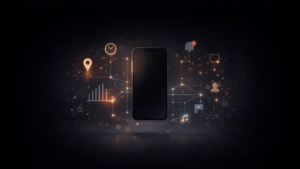 Illustration showing a smartphone connected to icons representing user habits, app usage, and behavioral data patterns