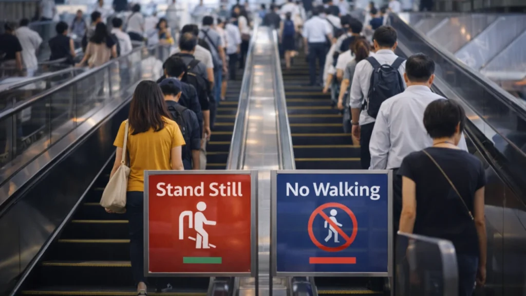 People using escalators in a busy transit station, with signs showing standing still as correct and walking as discouraged for safety