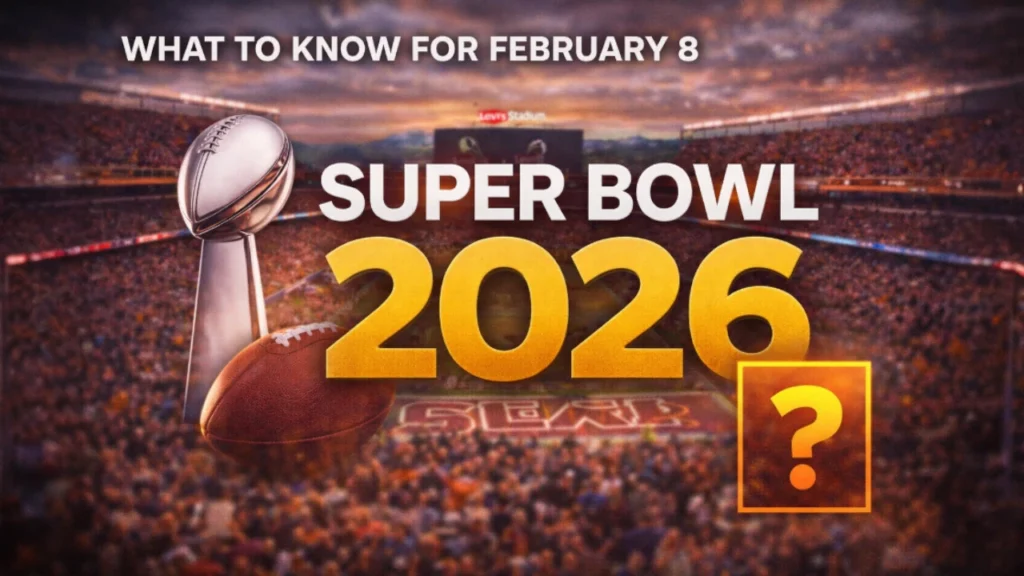 Super Bowl 2026 graphic showing Levi’s Stadium, the Vince Lombardi Trophy, and the event year ahead of the championship game