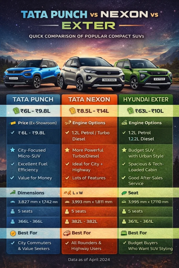 Visual comparison infographic of Tata Punch vs Tata Nexon vs Hyundai Exter showing price, engine options, features, dimensions, and best use cases