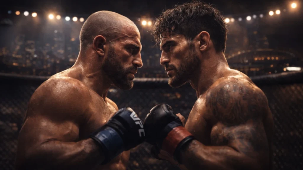 UFC fighters Alexander Volkanovski and Diego Lopes facing off before their UFC 325 rematch in Sydney