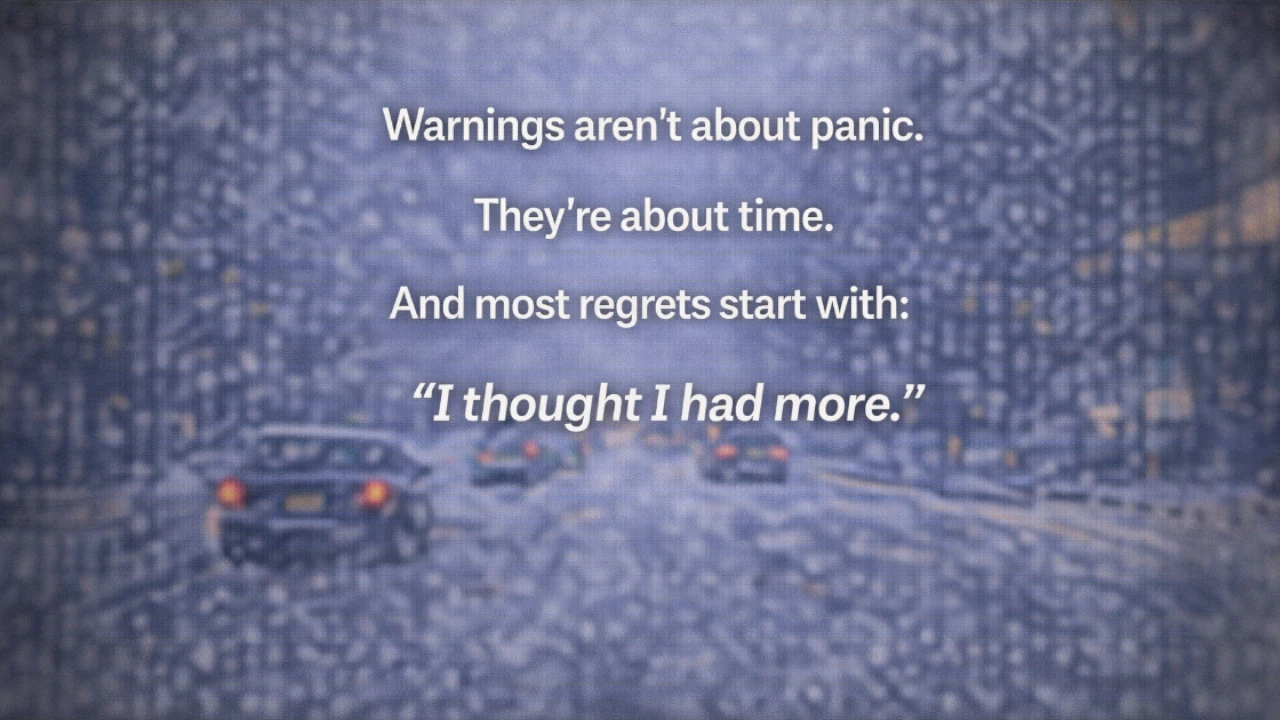 Quiet winter city scene reinforcing the idea that ignoring warnings often leads to regret about lost time