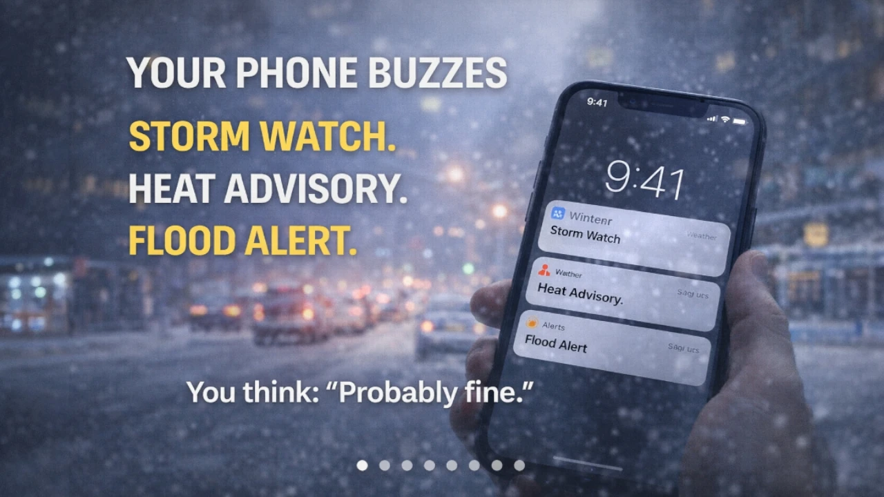Smartphone showing multiple weather alerts as a person casually ignores the notification