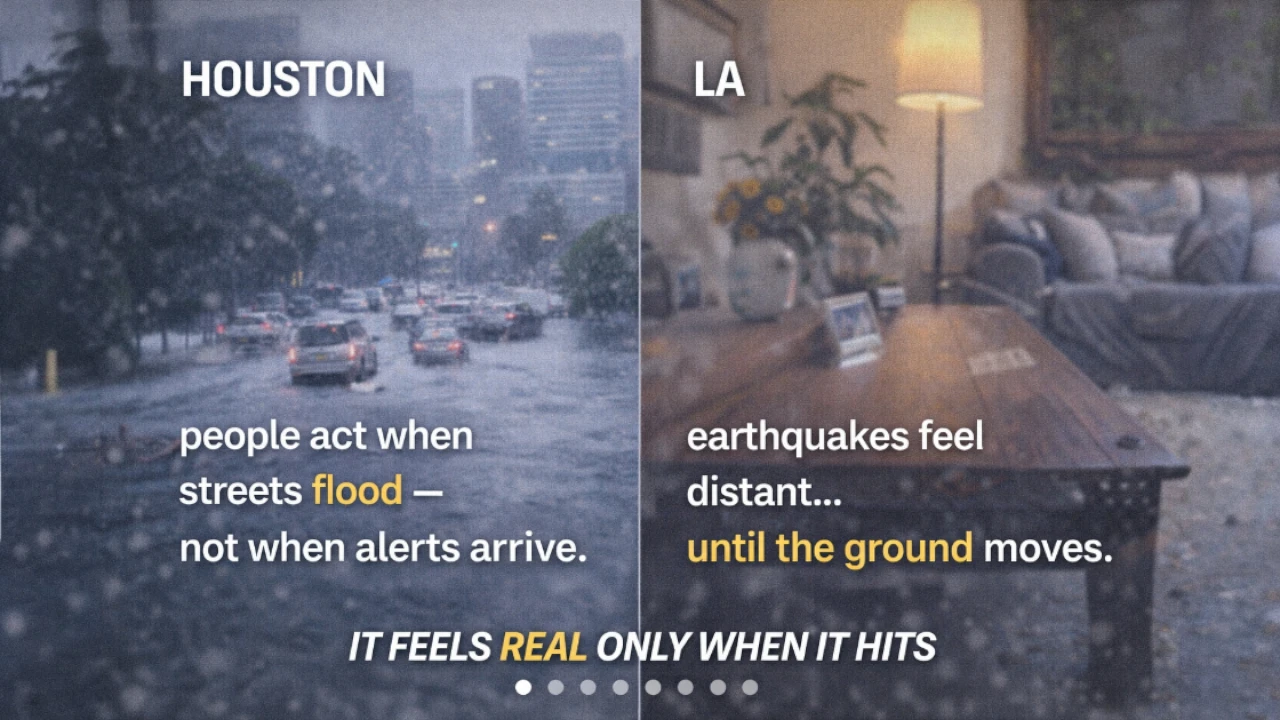 Split city scene showing flooded Houston streets and distant Los Angeles skyline to reflect delayed reactions to risk
